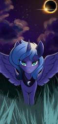 Size: 1440x3040 | Tagged: safe, artist:qbellas, character:princess luna, species:alicorn, species:pony, g4, cheek fluff, eclipse, eye clipping through hair, female, looking at you, mare, night, s1 luna, serious, serious face, solar eclipse, solo, spread wings, wings