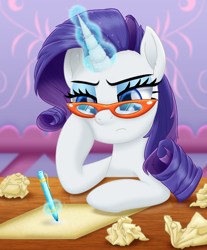 Size: 1208x1458 | Tagged: safe, artist:lifesharbinger, character:rarity, species:pony, species:unicorn, g4, artist's block, carousel boutique, female, hoof on cheek, magic, mare, paper, pen, rarity's glasses, solo, table, telekinesis, thinking