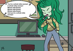 Size: 2893x2039 | Tagged: safe, artist:pony4koma, edit, character:wallflower blush, species:eqg human, equestria girls:forgotten friendship, g4, my little pony: equestria girls, my little pony:equestria girls, ac/dc, computer, female, keyboard, lyrics, microphone, monitor, singing, solo, song reference, text, whole lotta rosie