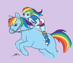 Size: 928x800 | Tagged: safe, artist:caycowa, character:rainbow dash, my little pony:equestria girls, bridle, duality, hilarious in hindsight, horse, human ponidox, humans riding horses, ponidox, realistic, reins, riding