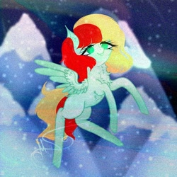 Size: 800x800 | Tagged: safe, artist:nel_liddell, oc, oc only, species:pegasus, species:pony, g4, aurora borealis, chest fluff, eyelashes, flying, mountain, night, outdoors, pegasus oc, signature, snow, solo, wings