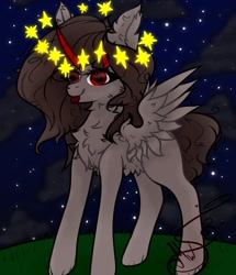 Size: 608x706 | Tagged: safe, artist:nel_liddell, oc, oc only, species:alicorn, species:pony, g4, alicorn oc, blep, chest fluff, ear fluff, horn, night, outdoors, signature, solo, stars, tongue out, wings