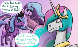 Size: 2000x1200 | Tagged: safe, artist:azurllinate, character:princess celestia, character:princess luna, species:alicorn, species:pony, g4, accessories, alternate design, colored pupils, confusion, cute, dialogue, engrish, fake, fake luna, female, green eyes, height difference, impostor, jewelry, long mane, long tail, looking at each other, lunabetes, multicolored hair, pink eyes, s1 luna, siblings, simple background, sisters, speech, speech bubble, standing, surprised, talking, teal eyes, tiara, wide eyes