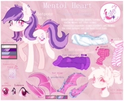 Size: 2000x1636 | Tagged: safe, artist:astralblues, oc, oc:mentol heart, species:bat pony, species:pony, g4, amputee, artificial wings, augmented, biohacking, bow, bow tie, candy, candy cane, clothing, cute, cutie mark, female, food, lab coat, lenses, mane, mare, mechanical wing, palette, piercing, prosthetic limb, prosthetic wing, prosthetics, prothesis, pupils, reference, reference sheet, scarf, socks, solo, striped socks, sweater, tail bow, wings