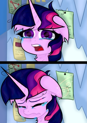Size: 763x1080 | Tagged: safe, artist:nel_liddell, character:twilight sparkle, character:twilight sparkle (alicorn), species:alicorn, species:pony, episode:the ending of the end, g4, my little pony: friendship is magic, 2 panel comic, bust, chest fluff, comic, crying, d:, eyes closed, female, floppy ears, mare, open mouth, scene interpretation, solo