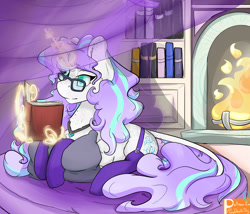 Size: 2000x1713 | Tagged: safe, artist:daniefox, oc, oc:harmony bell, species:pony, species:unicorn, g4, book, clothing, female, fireplace, garter belt, garters, glasses, lying down, magic, mare, prone, solo, stockings, thigh highs