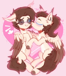 Size: 1608x1851 | Tagged: safe, artist:astralblues, oc, oc only, species:pegasus, species:pony, g4, blushing, couple, ear fluff, ear piercing, earring, fluffy, glasses, hug, hugging a pony, jewelry, kiss on the cheek, kissing, love, piercing, shy, sketch, sunglasses, two toned wings, wings