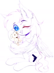 Size: 1352x1818 | Tagged: safe, artist:astralblues, oc, oc:pestyskillengton, species:dog, species:pegasus, species:pony, g4, chest fluff, cute, ear fluff, female, fluffy, happy, holding, hug, mare, one eye closed, pegasus oc, pegasus wings, sketch, solo, wings, wink