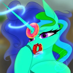 Size: 771x770 | Tagged: safe, artist:nel_liddell, oc, oc only, species:pony, species:unicorn, g4, bust, cute, donut, eyelashes, food, glowing horn, horn, horn impalement, mouth hold, signature, solo, unicorn oc