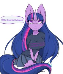 Size: 3000x3536 | Tagged: safe, artist:daniefox, character:twilight sparkle, character:twilight sparkle (unicorn), species:anthro, species:pony, species:unicorn, g4, 2018, big breasts, breasts, busty twilight sparkle, clothing, female, milestone, shirt, simple background, skirt, solo, transparent background