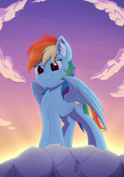 Size: 2800x4000 | Tagged: safe, artist:arcane-thunder, character:rainbow dash, species:pegasus, species:pony, g4, :3, cliff, cloud, ear fluff, female, high res, majestic, mare, smiling, solo, sunset