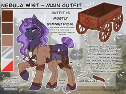 Size: 1366x1024 | Tagged: safe, artist:sursiq, oc, oc:nebula mist, species:pony, species:unicorn, fallout equestria, g4, cart, fallout equestria oc, gem, hunting knife, knife, multicolored hair, outfit, pink eyes, pulling cart, reference sheet, solo, tail bun