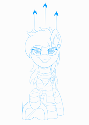 Size: 2132x3000 | Tagged: safe, artist:arcane-thunder, oc, oc only, oc:superluminal, species:pegasus, species:pony, g4, bandana, clothing, ear fluff, ear piercing, earring, female, grin, helmet, jewelry, mare, monochrome, piercing, simple background, sketch, smiling, socks, spaceship, squadron, striped socks, striped sweater, sweater, white background