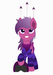 Size: 2132x3000 | Tagged: safe, artist:arcane-thunder, edit, oc, oc only, oc:superluminal, species:pegasus, species:pony, g4, bandana, clothing, color edit, colored, colored wings, ear fluff, ear piercing, earring, eyeshadow, female, gradient hair, gradient wings, grin, helmet, jewelry, makeup, mare, one hoof raised, piercing, simple background, smiling, socks, solo, spaceship, squadron, striped socks, striped sweater, sweater, white background, wings