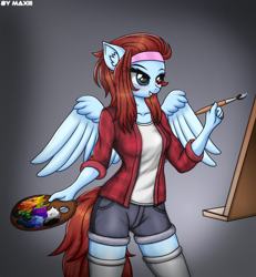 Size: 2910x3147 | Tagged: safe, artist:maxiclouds, oc, oc:cloud fly, species:anthro, species:pegasus, species:pony, g4, clothing, easel, female, paintbrush, palette, shorts, skirt, smiling, socks, solo, striped socks, wings
