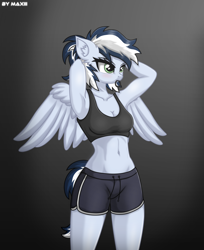 Size: 1630x1999 | Tagged: safe, artist:maxiclouds, oc, oc only, oc:maxi, species:anthro, species:pegasus, g4, arm behind head, armpits, belly button, bra, breasts, cleavage, clothing, ear fluff, eyebrows, female, fitness, green eyes, grey fur, gym shorts, mare, multicolored hair, ponytail, shirt, shorts, side slit, solo, tomboy, underwear, watermark, wing fluff, wings