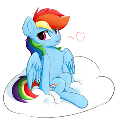 Size: 1529x1626 | Tagged: safe, artist:d.w.h.cn, character:rainbow dash, species:pegasus, species:pony, g4, cheek fluff, chest fluff, cloud, cute, dashabetes, ear fluff, female, floating heart, heart, looking at you, on a cloud, simple background, solo, spoken heart, spread wings, white background, wings