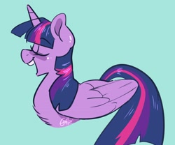 Size: 3000x2500 | Tagged: safe, artist:goshhhh, character:twilight sparkle, character:twilight sparkle (alicorn), species:alicorn, species:pony, g4, blue background, chest fluff, cute, eyes closed, female, high res, mare, open mouth, profile, simple background, solo, swanlight sparkle, twiabetes