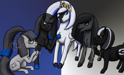 Size: 2200x1350 | Tagged: safe, artist:azurllinate, oc, oc only, oc:psable two, oc:psally three, oc:psandra four, oc:pselena five, oc:psonya one, species:alicorn, species:earth pony, species:pegasus, species:pony, species:unicorn, g4, accessories, alicorn oc, alicornified, blue eyes, chest fluff, chubby, clapping, earth pony oc, female, glasses, height difference, hoof on chest, hooves, horn, jewelry, looking at each other, mare, multicolored hair, multicolored hooves, pegasus oc, playstation, playstation 2, playstation 3, playstation 4, playstation 5, ponified, race swap, simple background, sitting, smiling, teary eyes, tiara, unicorn oc, wings