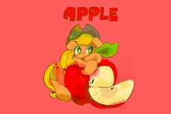 Size: 1156x771 | Tagged: safe, artist:osawari64, character:applejack, species:earth pony, species:pony, g4, apple, apple slice, cute, female, floppy ears, food, jackabetes, mare, red background, simple background, solo