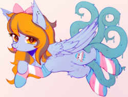 Size: 2460x1864 | Tagged: safe, artist:astralblues, oc, oc:sarah, species:pegasus, species:pony, g4, bow, bow tie, chest fluff, clothing, cute, ear fluff, ear piercing, earring, female, fluffy, hair bow, jewelry, leg fluff, lying down, mare, pegasus oc, pegasus wings, piercing, pride, pride flag, socks, solo, striped socks, tentacles, tongue out, transgender pride flag, wings