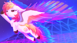 Size: 1920x1080 | Tagged: safe, artist:astralblues, oc, oc:fader, species:pegasus, species:pony, g4, colored wings, cute, ear fluff, ear piercing, earring, feather, female, fluffy, flying, hoof fluff, jewelry, mare, multicolored wings, piercing, solo, sunset, vaporwave, vaporwave aesthetic, wings