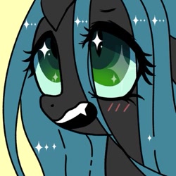 Size: 399x399 | Tagged: safe, artist:tomizawa96, character:queen chrysalis, species:changeling, g4, blushing, bust, changeling queen, fangs, female, portrait, solo, wingding eyes