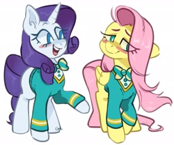 Size: 3000x2500 | Tagged: safe, artist:goshhhh, character:fluttershy, character:rarity, species:pegasus, species:pony, species:unicorn, episode:filli vanilli, g4, my little pony: friendship is magic, blushing, cute, duo, female, floppy ears, high res, mare, ponytones outfit, redraw, simple background, white background