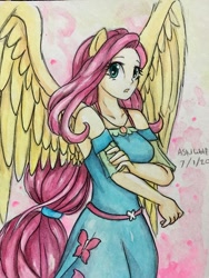 Size: 900x1200 | Tagged: safe, artist:astevenamedwolf, character:fluttershy, species:human, g4, my little pony: equestria girls, my little pony:equestria girls, big wings, female, geode of fauna, humanized, magical geodes, ponied up, pony ears, solo, traditional art, watercolor painting, winged humanization, wings