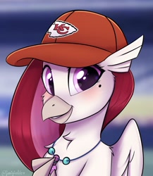 Size: 764x882 | Tagged: safe, artist:sonigiraldo, oc, oc only, oc:velvet skies, species:classical hippogriff, species:hippogriff, g4, adoraskies, baseball cap, bust, cap, clothing, cute, female, hat, hippogriff oc, kansas city chiefs, portrait, solo, weapons-grade cute