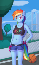 Size: 3000x5000 | Tagged: safe, alternate version, artist:irisarco, character:rainbow dash, species:anthro, species:pegasus, species:pony, g4, 20% cooler, abs, ball, basketball, belly button, belt, black belt, blue fur, blue wings, bow, breasts, bush, cellphone, city, clothing, cloud, confident, cute, dashabetes, day, denim shorts, female, fence, fingerless gloves, gloves, grass, hand on hip, looking at you, midriff, multicolored hair, outdoors, park, phone, pink eyes, rainbow tail, short shirt, shorts, sky, skyscraper, small breasts, smartphone, smiling, smiling at you, solo, sports, standing, tail, text, tomboy, tree, watermark, wings