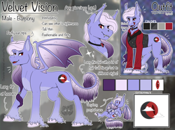 Size: 2732x2048 | Tagged: safe, artist:sursiq, oc, oc:velvet vision, species:bat pony, species:pony, g4, bat pony oc, bat wings, chibi, colored wings, cutie mark, ear fluff, fangs, forked tongue, intimidating, long hair, long mane, long tail, male, multicolored hair, multicolored wings, outfit, pony oc, ponytail, red eyes, reference sheet, slit eyes, slit pupils, solo, spread wings, unshaded, wings