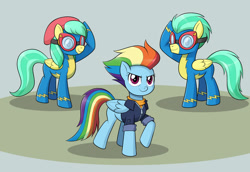 Size: 1600x1100 | Tagged: safe, artist:mew-me, character:barley barrel, character:pickle barrel, character:rainbow dash, species:pegasus, species:pony, friendship is magic: rainbow roadtrip, g4, my little pony: friendship is magic, barrel twins, brother and sister, clothing, female, goggles, male, older, older barley barrel, older pickle barrel, older rainbow dash, safety goggles, salute, siblings, twins, uniform, wonderbolts uniform, younger