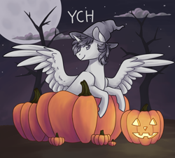 Size: 3000x2700 | Tagged: safe, artist:flaming-trash-can, species:pony, g4, clothing, cloud, commission, halloween, hat, holiday, jack-o-lantern, night, pumpkin, solo, tree, witch hat, ych example, your character here