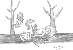 Size: 4000x2747 | Tagged: safe, artist:kamikazelenna, character:rarity, species:pony, species:unicorn, g4, female, grayscale, halloween, holiday, leaves, mare, monochrome, pumpkin, realistic anatomy, realistic horse legs, sketch, solo, tree