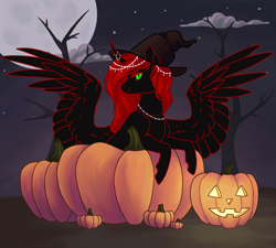 Size: 3000x2700 | Tagged: safe, artist:flaming-trash-can, oc, oc only, oc:void, species:alicorn, species:pony, g4, alicorn oc, clothing, cloud, commission, halloween, hat, holiday, horn, jack-o-lantern, moon, night, pumpkin, red and black oc, solo, tree, wings, witch hat, ych result
