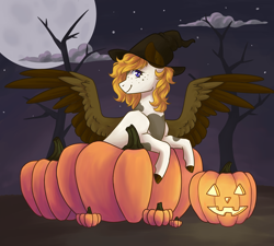 Size: 3000x2700 | Tagged: safe, artist:flaming-trash-can, oc, oc only, oc:indigo skies, species:pegasus, species:pony, g4, clothing, cloud, commission, halloween, hat, holiday, jack-o-lantern, moon, night, pumpkin, solo, tree, witch hat, ych result