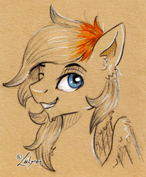 Size: 938x1140 | Tagged: safe, artist:lailyren, oc, oc only, oc:shade flash, species:pegasus, species:pony, g4, bust, ear fluff, folded wings, limited palette, looking at you, male, one eye closed, signature, smiling, solo, stallion, traditional art, wings, wink