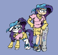 Size: 2128x2008 | Tagged: safe, artist:andreu-t, character:rarity, species:human, species:pony, g4, alternate hairstyle, bubblegum, clothing, disguise, duo, female, food, gum, human ponidox, humanized, lidded eyes, plainity, ponidox, self ponidox, simple background, skateboard