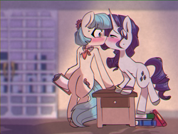 Size: 1400x1050 | Tagged: safe, artist:provolonepone, character:coco pommel, character:rarity, species:earth pony, species:pony, species:unicorn, ship:marshmallow coco, g4, book, chromatic aberration, clipboard, eyes closed, female, kissing, lesbian, mare, shipping, table, wristband