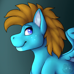 Size: 800x800 | Tagged: safe, artist:sursiq, oc, oc only, oc:carbon, species:pegasus, species:pony, g4, birthday, blue, blue eyes, brown hair, brown mane, colored pupils, ear fluff, freckles, gift art, gradient background, looking at you, looking back, male, pegasus oc, pony oc, profile, shading, smiling, solo, spread wings, stallion, watermark, wings
