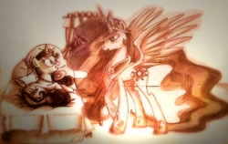 Size: 900x568 | Tagged: safe, artist:peachpalette, character:princess celestia, oc, oc:artsy dreamscapes, bed, bedroom, pencil drawing, princess, roleplay, rp, sepia, shifted, shocked, sketch, traditional art