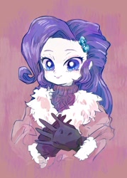 Size: 938x1312 | Tagged: safe, artist:osawari64, character:rarity, species:eqg human, g4, my little pony:equestria girls, bust, clothing, cute, female, gloves, jacket, looking at you, purple background, raribetes, simple background, smiling, solo, sweater, winter outfit