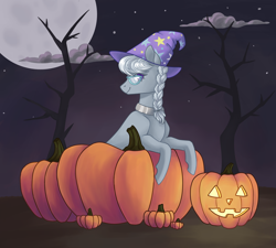 Size: 3000x2700 | Tagged: safe, artist:flaming-trash-can, character:silver spoon, species:earth pony, species:pony, g4, clothing, commission, halloween, hat, holiday, pumpkin, solo, trixie's hat, ych result