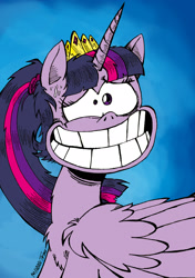Size: 1597x2264 | Tagged: safe, artist:andreu-t, character:twilight sparkle, character:twilight sparkle (alicorn), species:alicorn, species:pony, g4, my little pony: the movie (2017), awkward, crown, faec, female, grin, jewelry, nervous, nervous grin, regalia, scene interpretation, smiling, smirk, solo