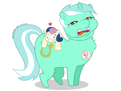 Size: 4032x3024 | Tagged: safe, artist:wispy tuft, character:bon bon, character:lyra heartstrings, character:sweetie drops, species:earth pony, species:pony, species:unicorn, ship:lyrabon, g4, cursed, faec, female, i can tell by the pixels, implied witchtaunter, lesbian, name tag, not salmon, pretty mare, quality, shipping, shitposting, simple background, transparent background, wat