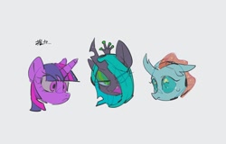 Size: 1458x936 | Tagged: safe, artist:poneko-chan, character:ocellus, character:queen chrysalis, character:twilight sparkle, species:changeling, species:pony, g4, changeling queen, female, head only, simple background, white background