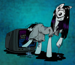 Size: 1492x1304 | Tagged: safe, artist:andreu-t, oc, oc only, species:earth pony, species:pony, g4, female, ponified, raised hoof, sadako, solo, television, the ring, wet, wet mane