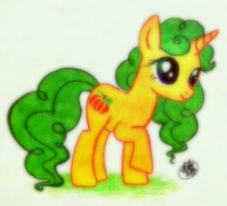 Size: 480x436 | Tagged: safe, artist:peachpalette, oc, oc only, species:pony, species:unicorn, pencil drawing, pumpkin, punkin patch, traditional art