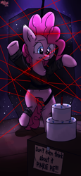 Size: 1080x2340 | Tagged: safe, artist:mjsw, character:pinkie pie, species:earth pony, species:pony, g4, cake, female, food, heist, laser, mare, robbery, solo, worried